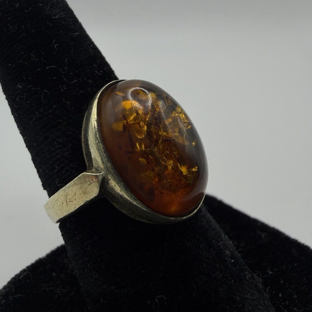 Vintage 925 Sterling Silver Amber Ring Oval Cabochon Size 7